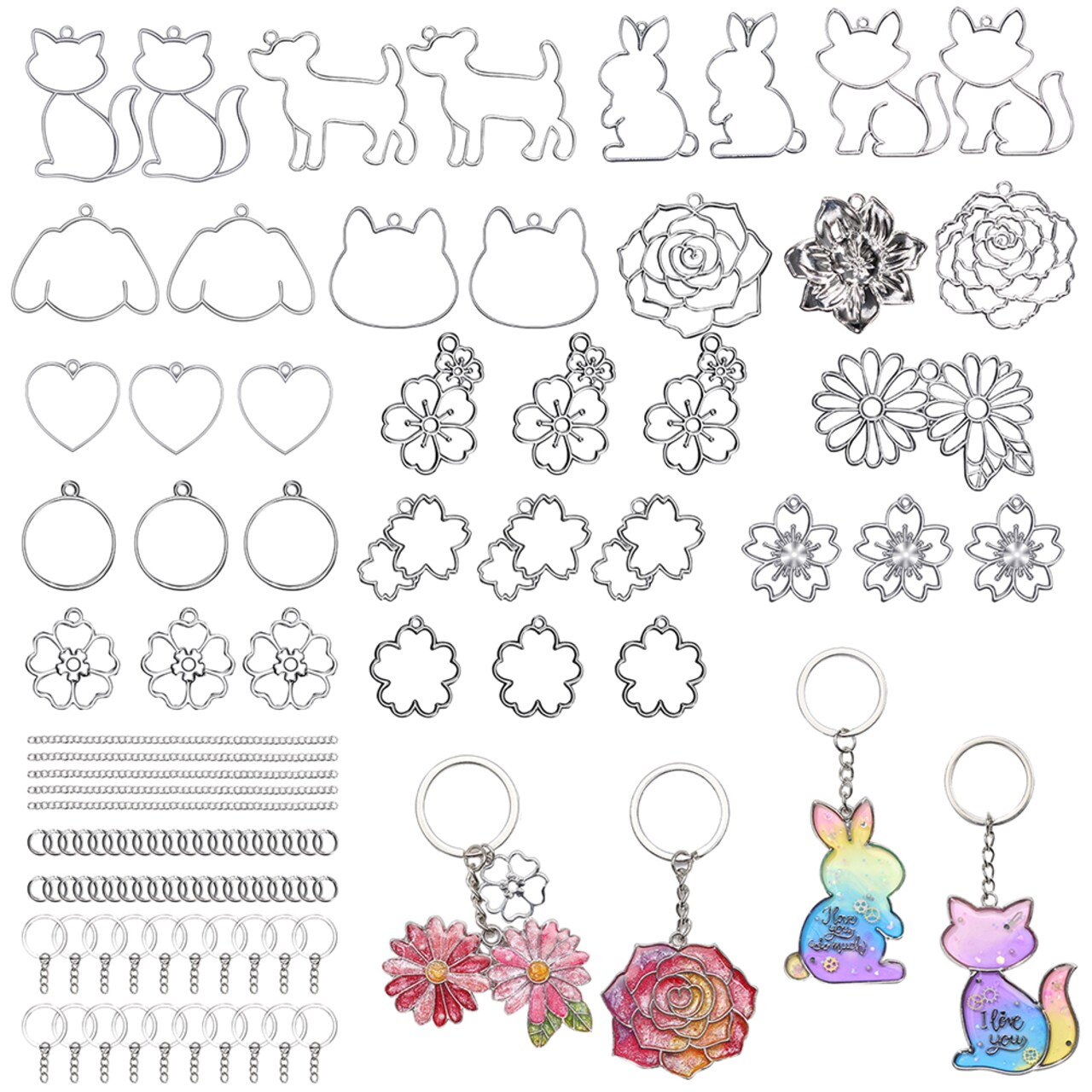 LET'S RESIN Keychain Molds 37Pcs, Silver UV Resin Molds for Beginners, Open Bezel Flower & Animal Molds for Keychain, Jewelry & Pendant Making